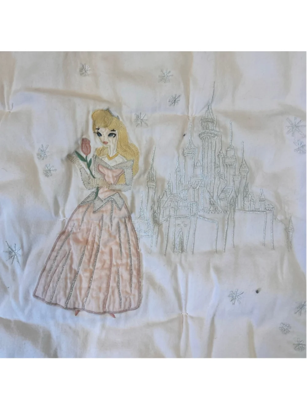 Pottery Barn Kids Disney Princess Quilt Crib White Embroidered Cotton Whimsy